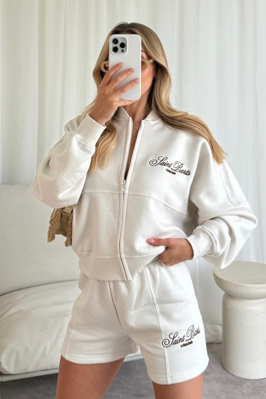 Saint Barts white embroidered bomber jacket shorts