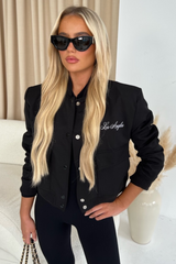 Los Angeles Black Embroidered Cropped Bomber Jacket