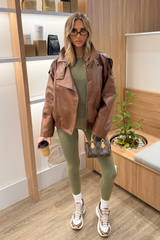 ACE CHOCOLATE FAUX LEATHER HIGH NECK JACKET