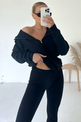 Brandy Black 3/4 Zip Jumper Knitted Leggings Co-Ord Loungewear Cash N Carry