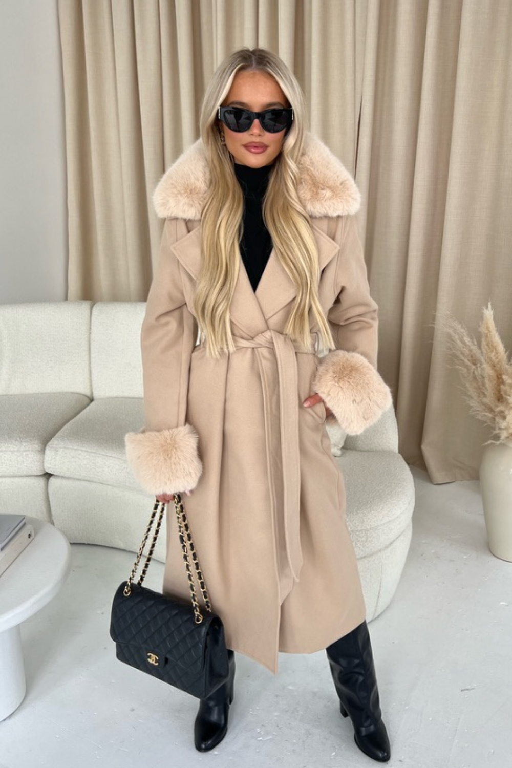 Faux fur cuff and collar coat online