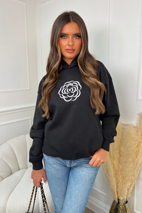 Rose black embroidered relaxed hoodie