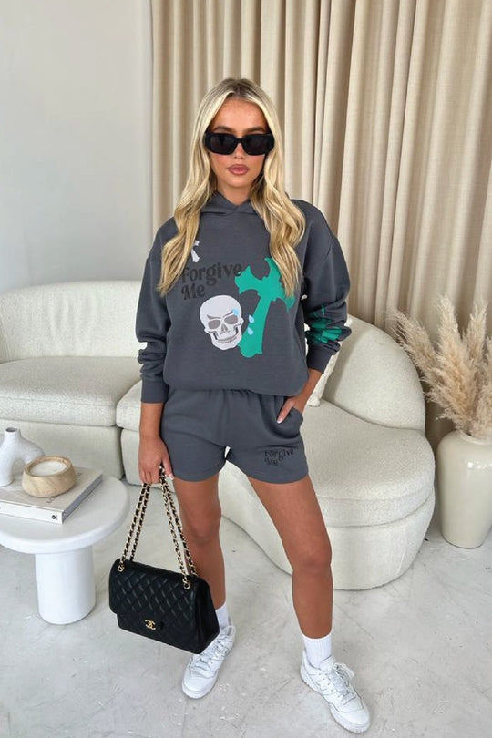 Forgive me steel grey premium hooded short loungewear set