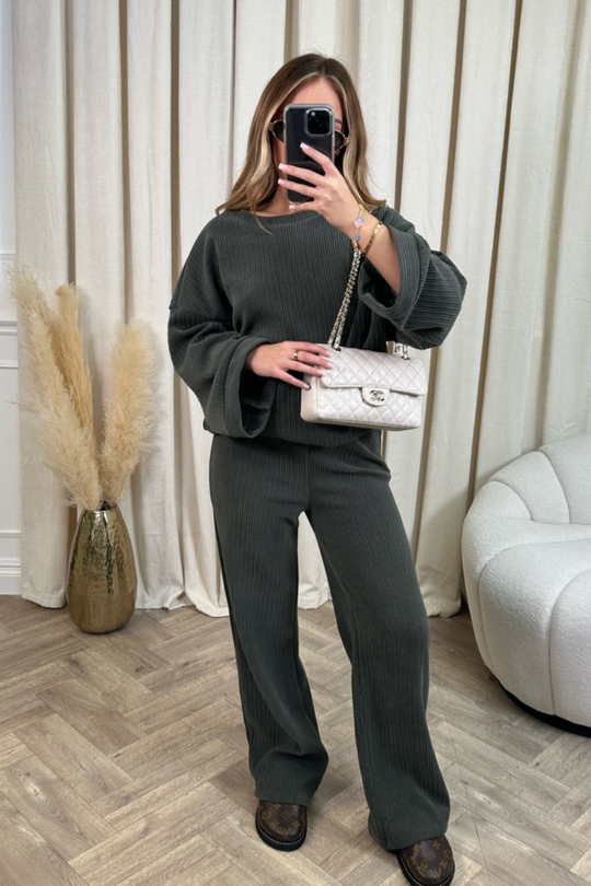 Stephanie khaki ribbed loungewear set