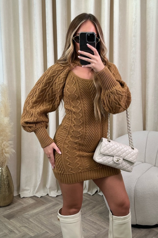 Candice Camel Cable Knit Two Piece Dress