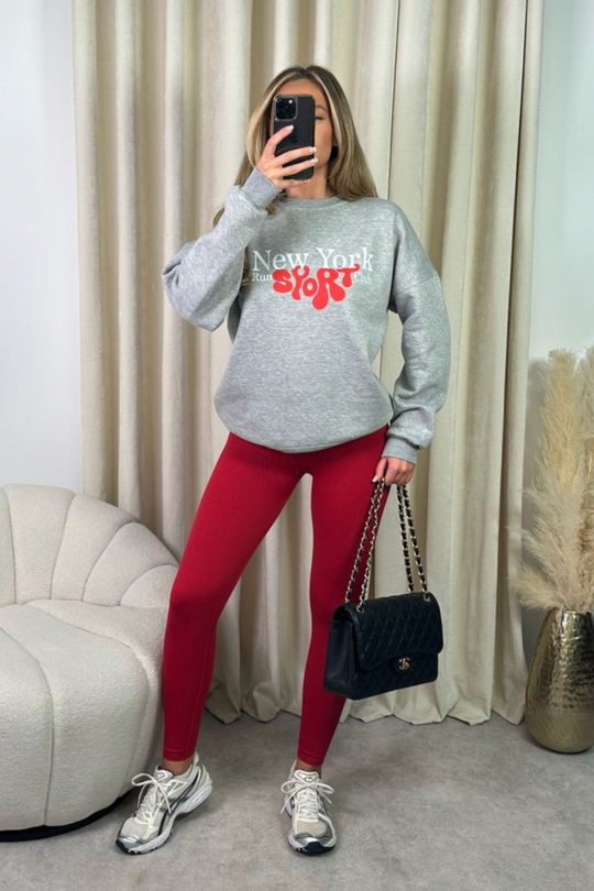 New york sport melange grey printed sweater and red legging set