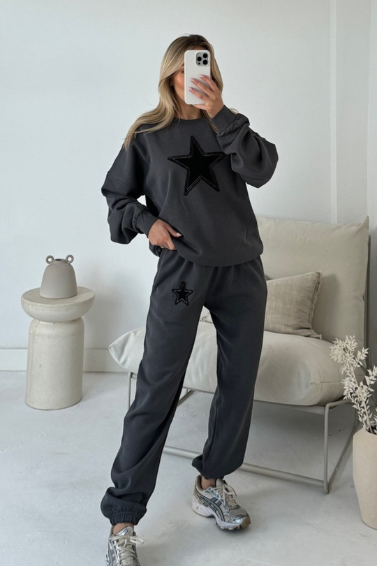 Star applique steel grey embroidered sweater joggers loungewear