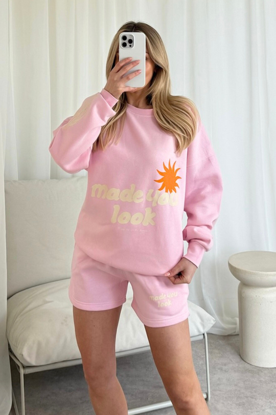 Made you look baby pink printed sweater shorts loungewear