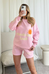 Made you look baby pink printed sweater shorts loungewear