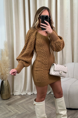 Candice Camel Cable Knit Two Piece Dress