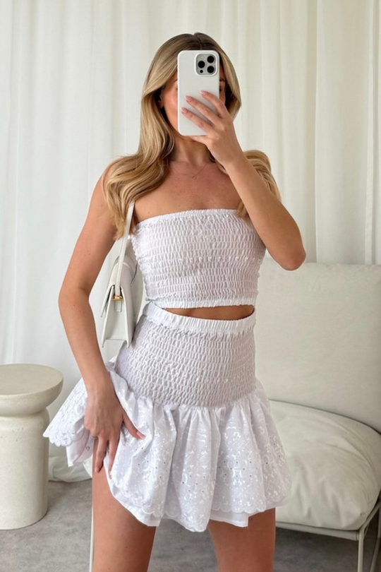 Maisie white broderie anglaise bandeau and skirt co-ord