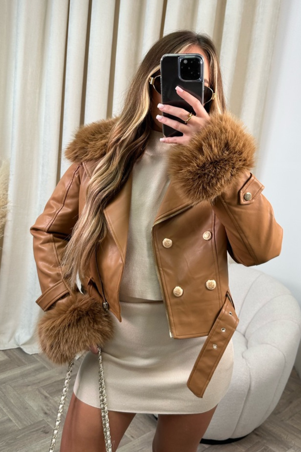 Camel jacket shop with fur collar