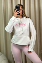 Athletic sport baby pink embroidered white hoodie and legging set
