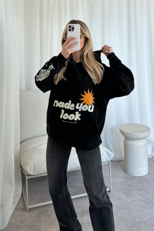 Made you look black printed hoodie