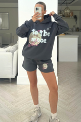 To The Moon steel grey PREMIUM Hooded short loungewear set