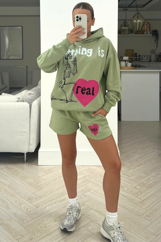 nothing is real sage premium Hooded short loungewear set