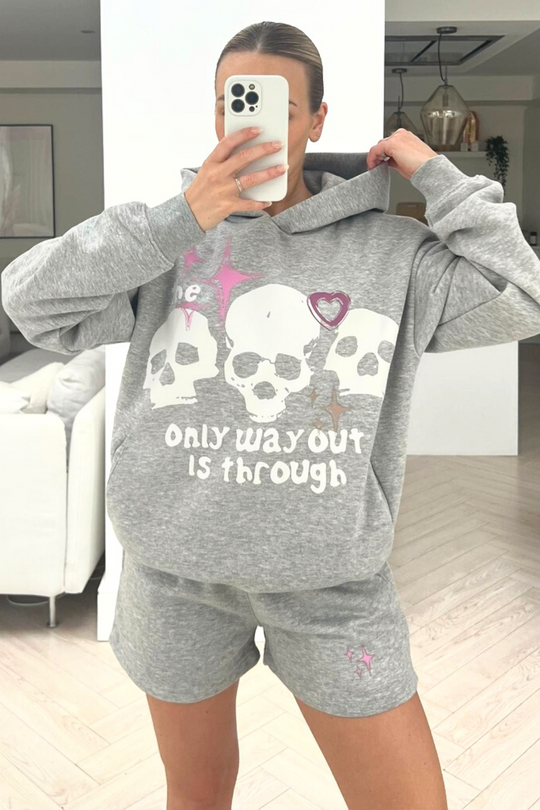 Skull grey premium hooded short loungewear set