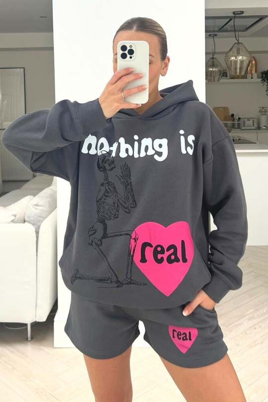 Nothing Is real steel grey hooded short loungewear set