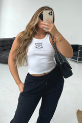 Gege White Embroidered Ribbed Vest Top