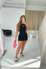 Gege embroidered black ribbed mini dress