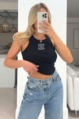 Gege Black Embroidered Ribbed Vest Top