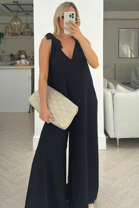 Riley black sleeveless bow shoulder jumpsuit