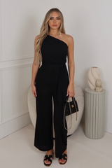 Elma black one shoulder straight leg jumpsuit