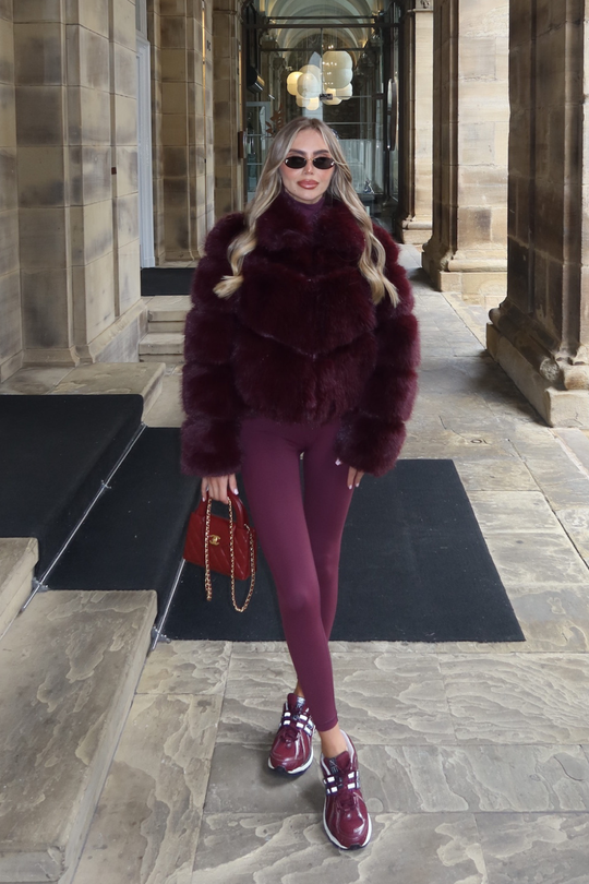 Cece Burgundy Cropped Collared Faux Fur Coat