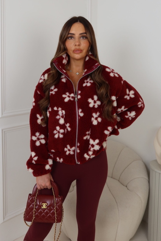 FRAISIA BURGUNDY FLOWERED FULL ZIP HIGH NECK FLEECE