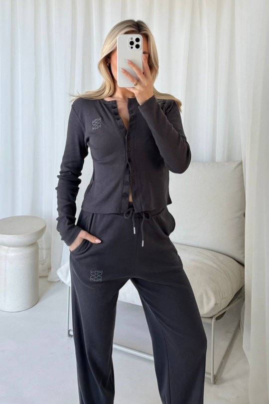 GeGe steel grey embroidered ribbed button through top & wide leg trousers