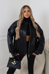 Orla black faux leather bomber jacket