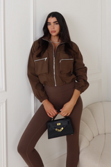 RADAH CHOCOLATE CROPPED HIGH NECK JACKET