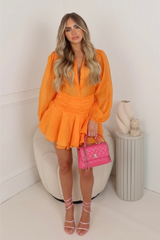 Nalani orange sheer button up shirt & frill skirt co ord