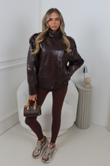 ASHTIN CHOCOLATE LEATHER CROC EFFECT HIGH NECK JACKET