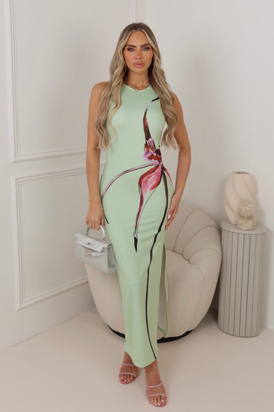 Miley pistachio floral printed fitted maxi dress