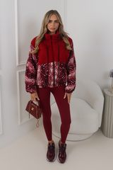 TESSA BURGUNDY DEER PRINT ZIP UP FLEECE