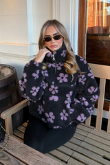 TILLY BLACK & LILAC FLOWER DETAILING 3/4 ZIP FLEECE