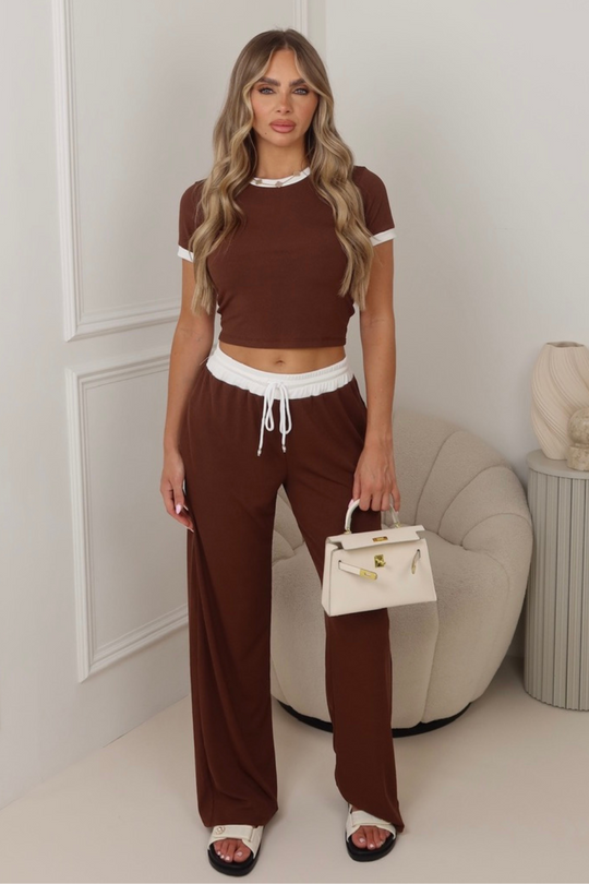 Jayden chocolate contrast waistband pants and crop top co-ord