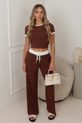 Jayden chocolate contrast waistband pants and crop top co-ord