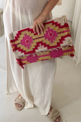 Boho pink beaded oversized clutch bag