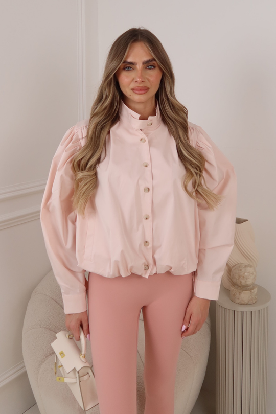 KELLY BLUSH PINK BUTTON UP LINNEN PUFF SLEEVE JACKET