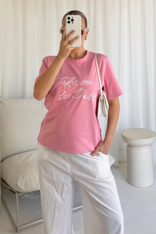 Take me to Paris pink embroidered heavyweight t-shirt