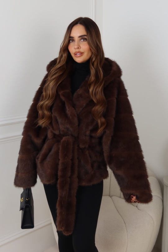 MARKIE CHOCOLATE BELTED FAUX FUR HOODED COAT