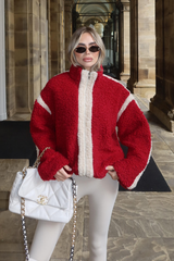 LISA RED FLUFFY FLEECE WITH CREAM DETAILING