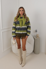 TEDDI OLIVE GREEN AND GREY STRIPED JUMPER WITH SCARF