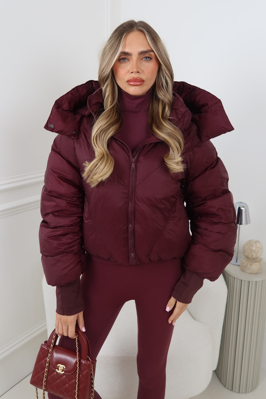 MIA BURGUNDY CROPPED PUFFER JACKET WITH DETACHABLE HOOD