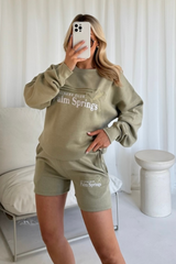 Wellness club palm springs khaki embroidered sweater short lounge set