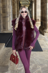 BRIONY BURGUNDY FUR ZIP UP GILET WITH LEATHER PANEL