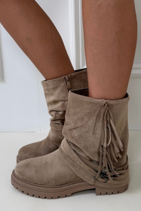 Florence Beige Tassel Faux Suede Flat boot