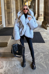 ARIELLE WHITE & BLACK SPECKLED HOODED FUR COAT